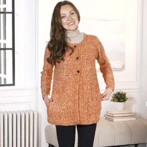 Susan Graver Marled Orange Button Front Sweater Sz XL